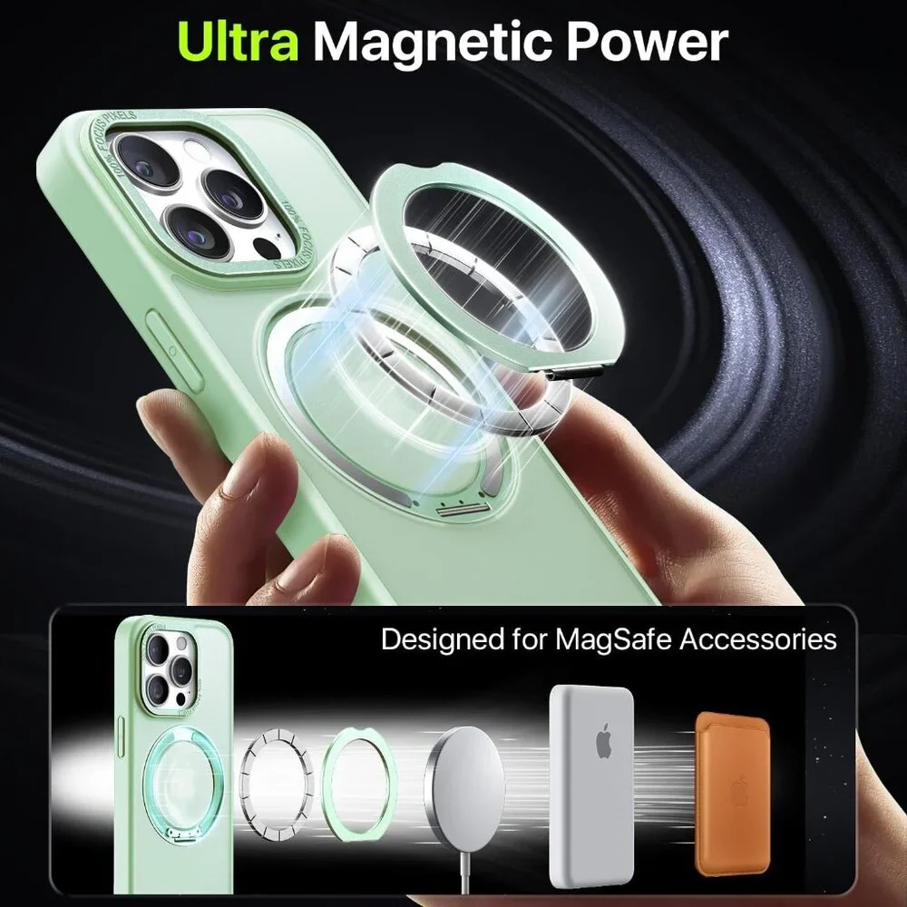 QTlier case iPhone 16pro 360 Rotatable Ring Stand Shockproof with MagSafe Green